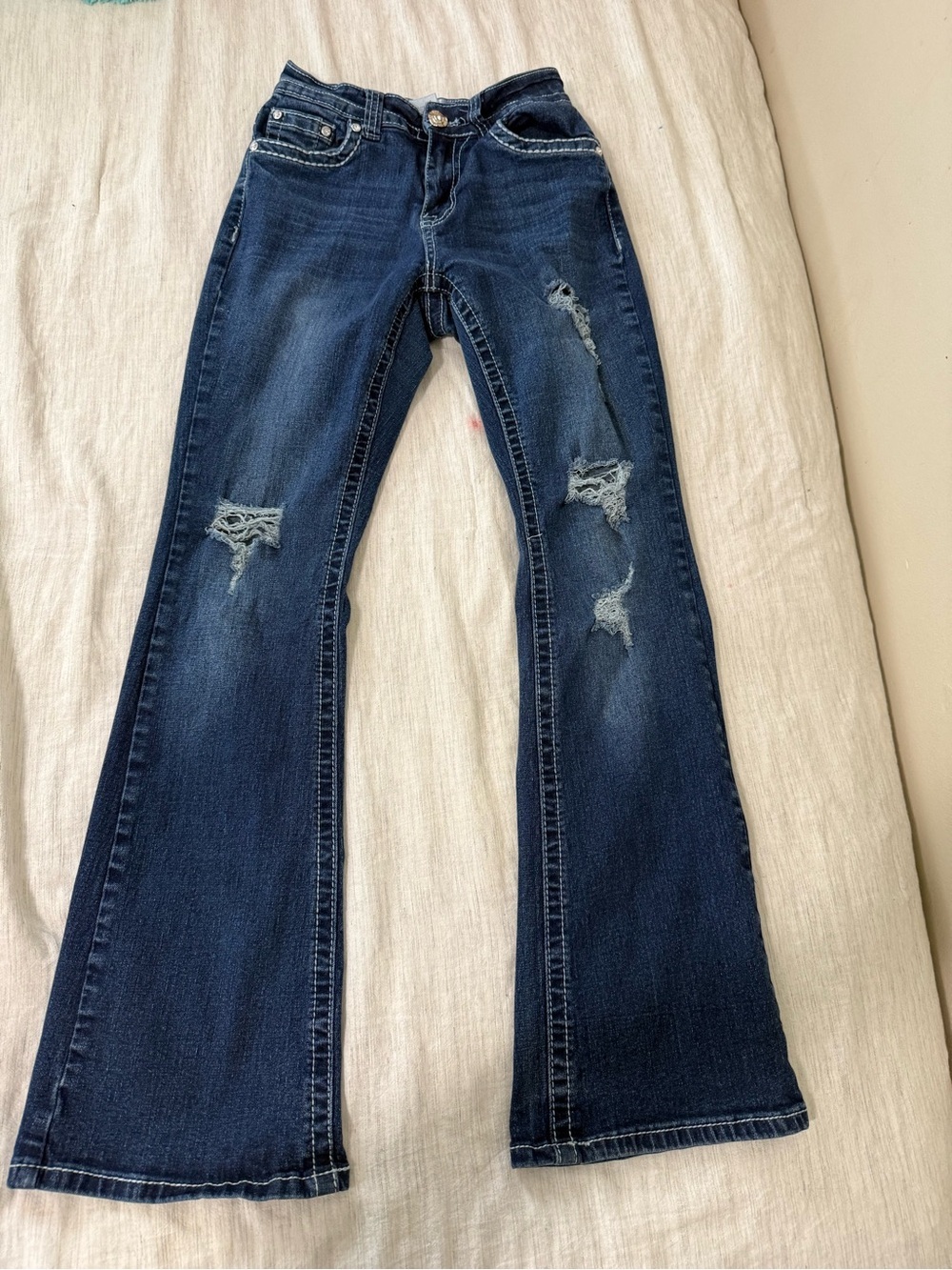 Mid-Rise Dark Blue Distressed Flare Jeans